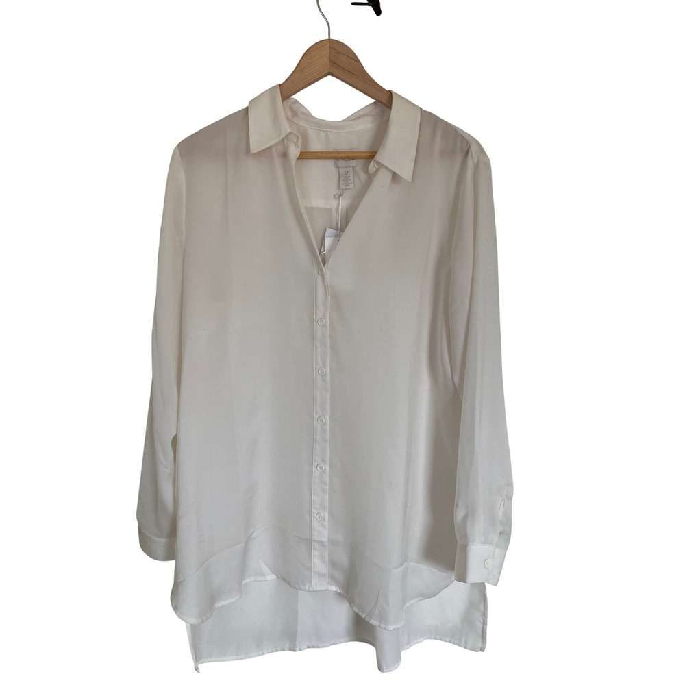 Chico's Savannah LS Fash Basic Top Ecru Button Down Blouse Size 2 Large NEW